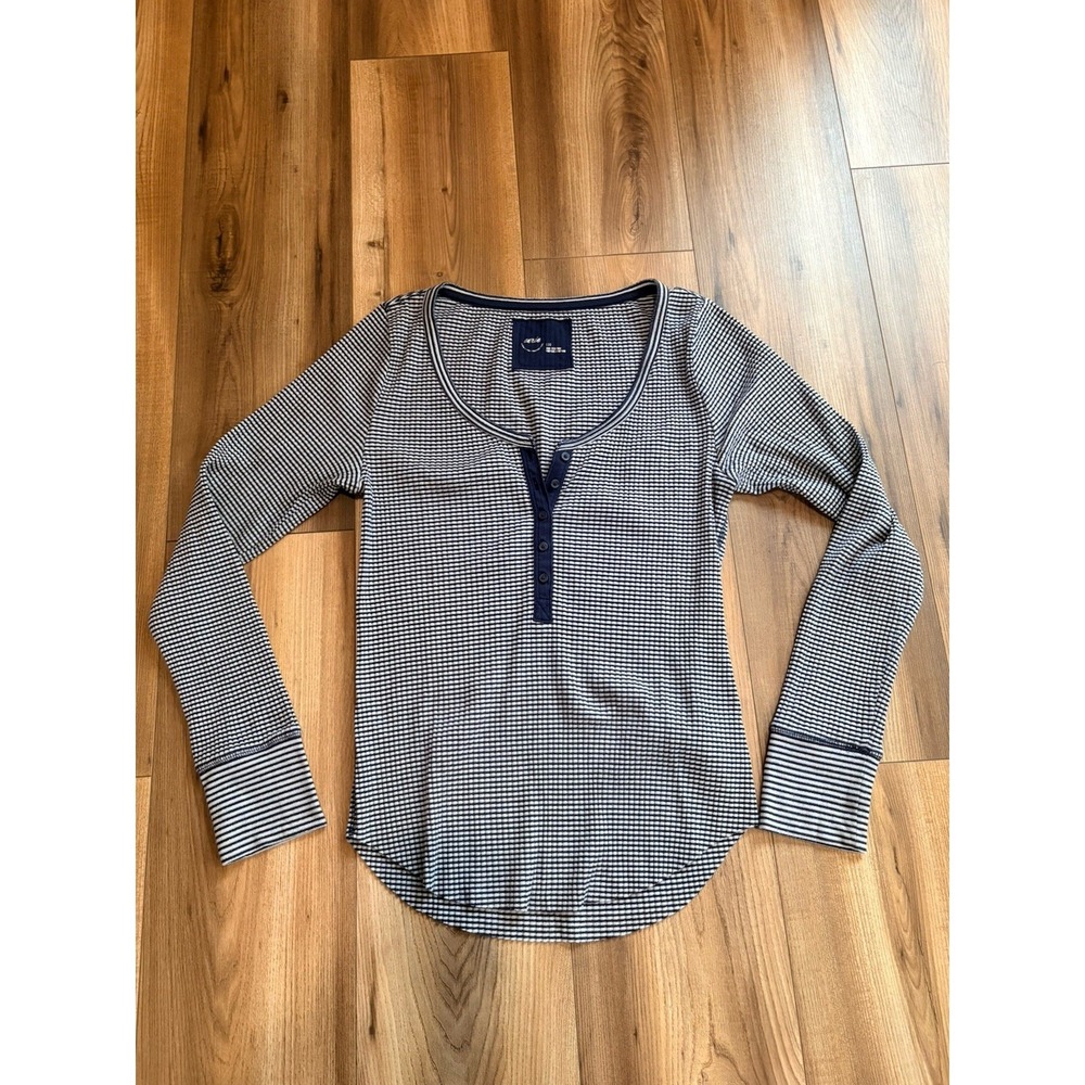 Aerie Henley Women's Shirt Large Navy Blue White Sparkles Checked Casual